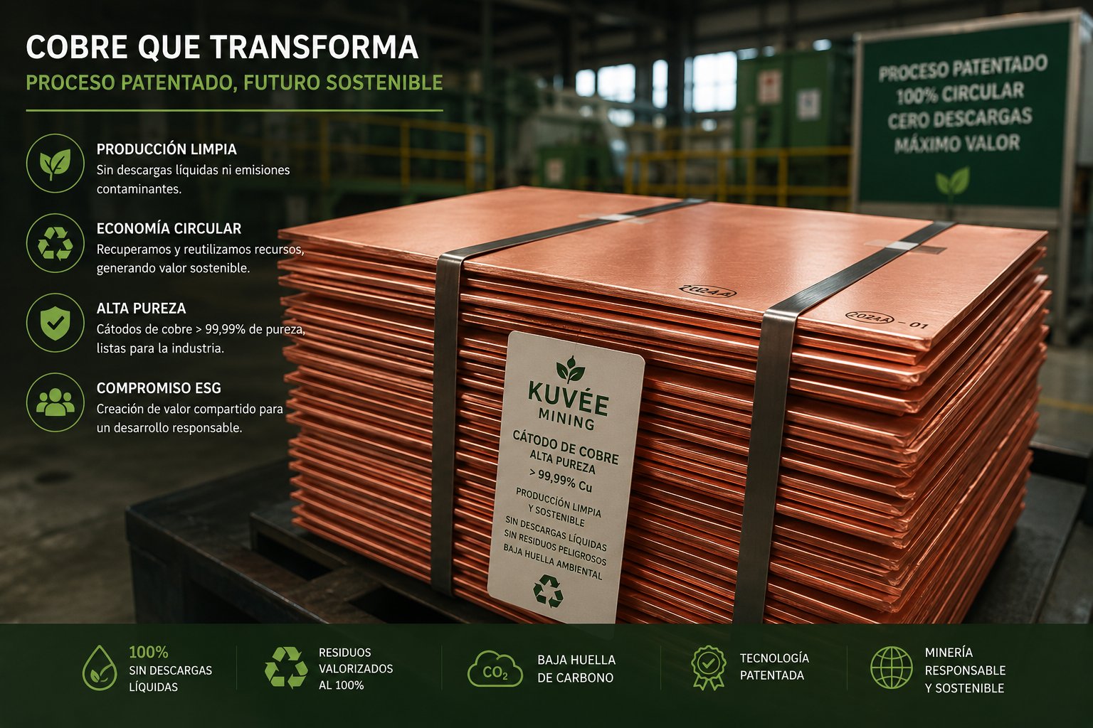 Cátodos de cobre alta pureza — producto final Kuvee Mining